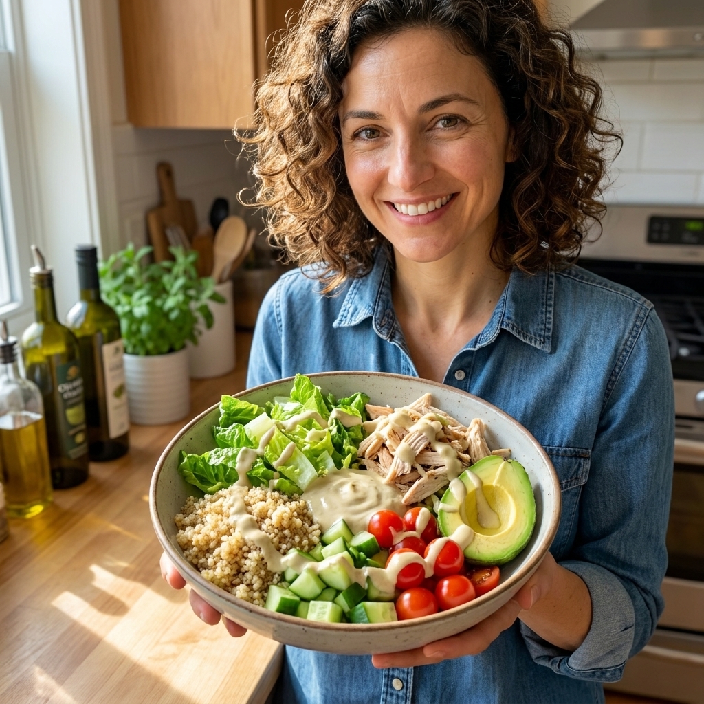 A Mediterranean-style power bowl with quinoa, chopped romaine, shredded chicken, cucumbers, tomatoes, avocado, and a drizzle of lemon-tahini sauce
