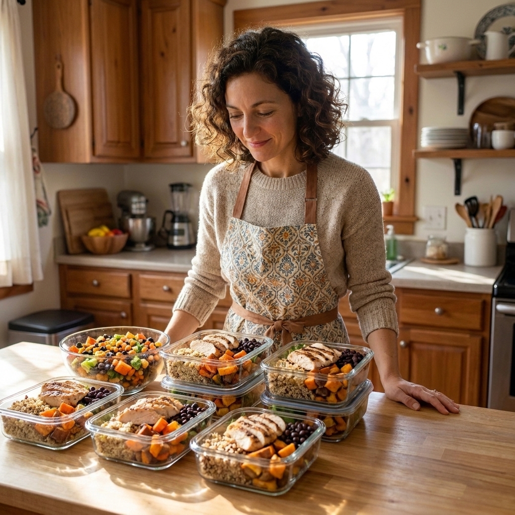 A Sunday meal prep scene with neatly arranged glass containers filled with cooked grains, roasted vegetables, beans, and a simple protein on a kitchen counter