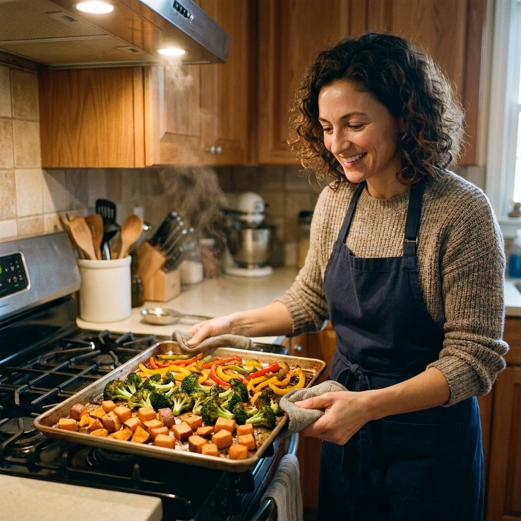 A baking sheet with roasted broccoli, bell peppers, and sweet potato cubes fresh out of the oven on a home kitchen stovetop