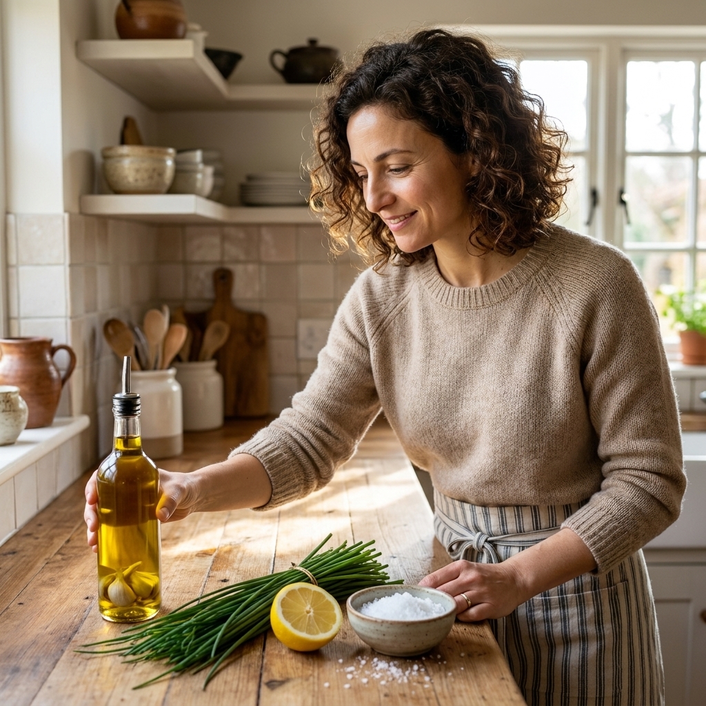 A bottle of garlic-infused olive oil on a kitchen counter next to fresh chives, lemon, and a small bowl of sea salt