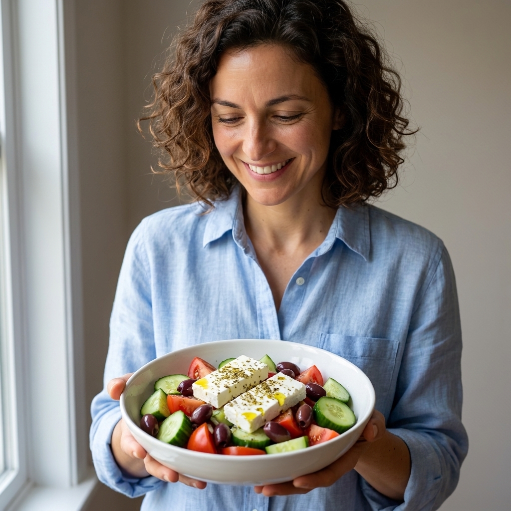 A bowl of Greek-style salad with cucumbers, tomatoes, olives, feta, and a drizzle of olive oil
