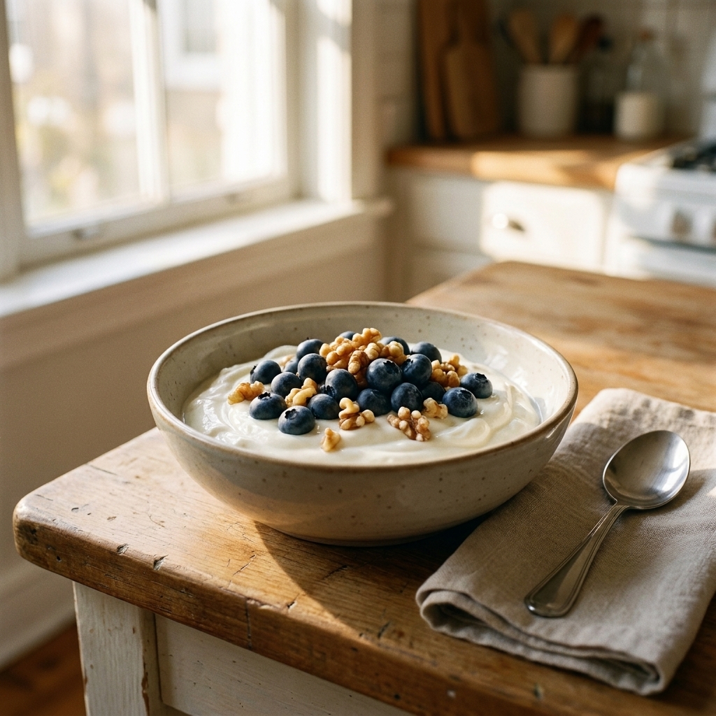 A bowl of Greek yogurt topped with blueberries and walnuts on a kitchen counter in morning light