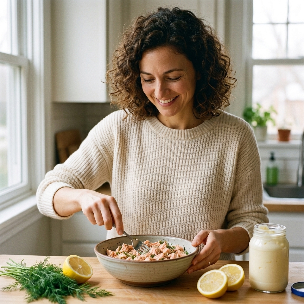 A bowl of canned salmon salad being mixed with a fork on a kitchen counter, with lemon and herbs nearby.