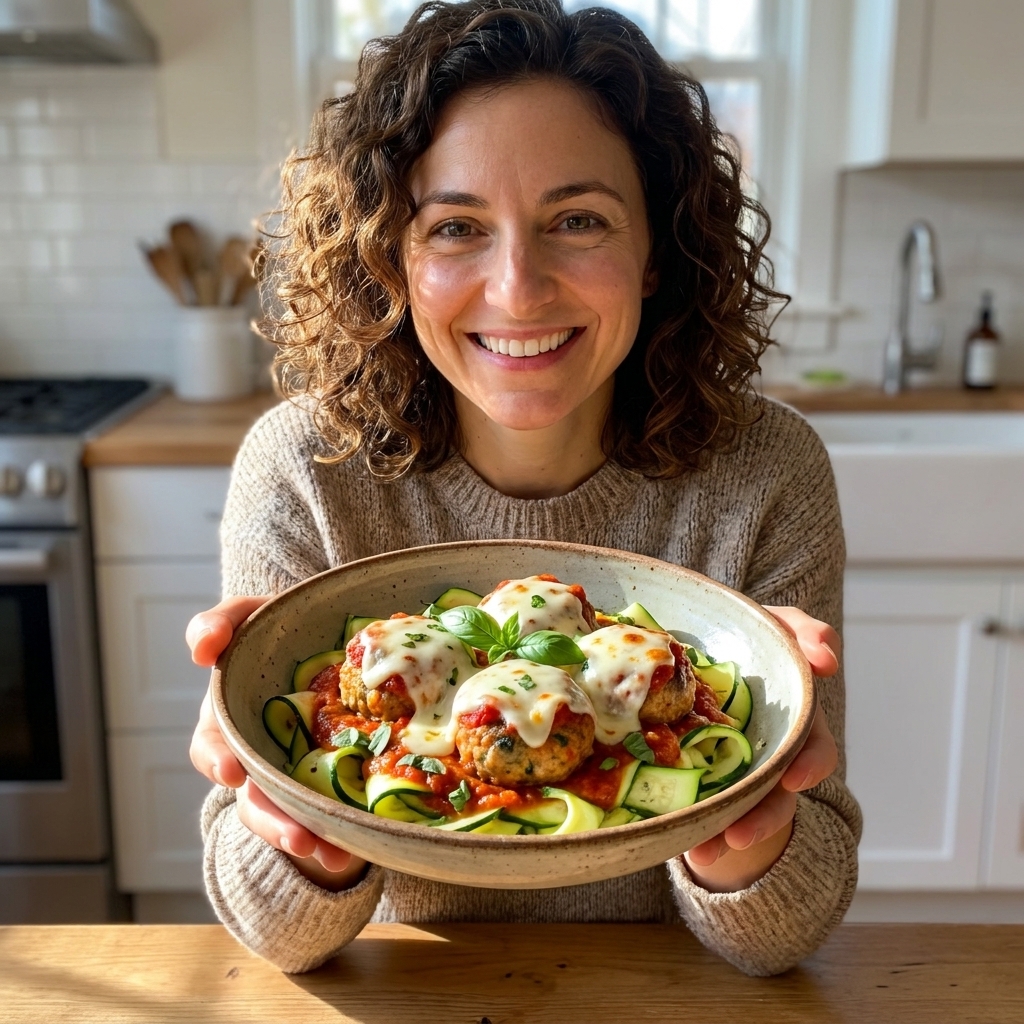 A bowl of chicken Parmesan meatballs in marinara with melted mozzarella served over zucchini ribbons