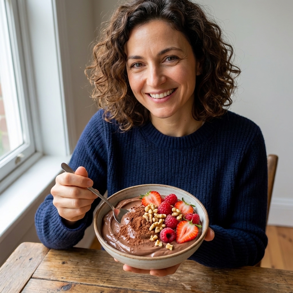 A bowl of chocolate Greek yogurt topped with strawberries, raspberries, chopped walnuts, and a light dusting of cocoa powder