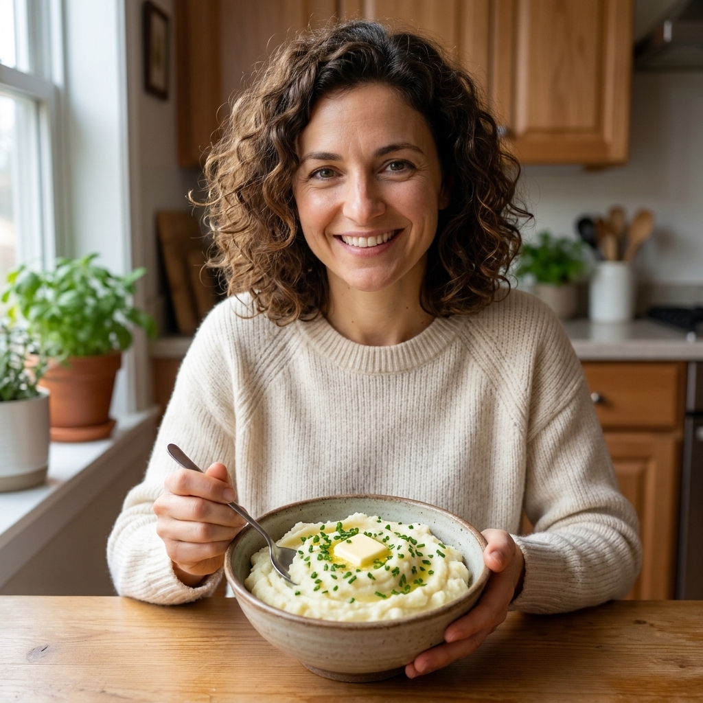 A bowl of creamy cauliflower-potato mash with chives and a small pat of butter melting on top