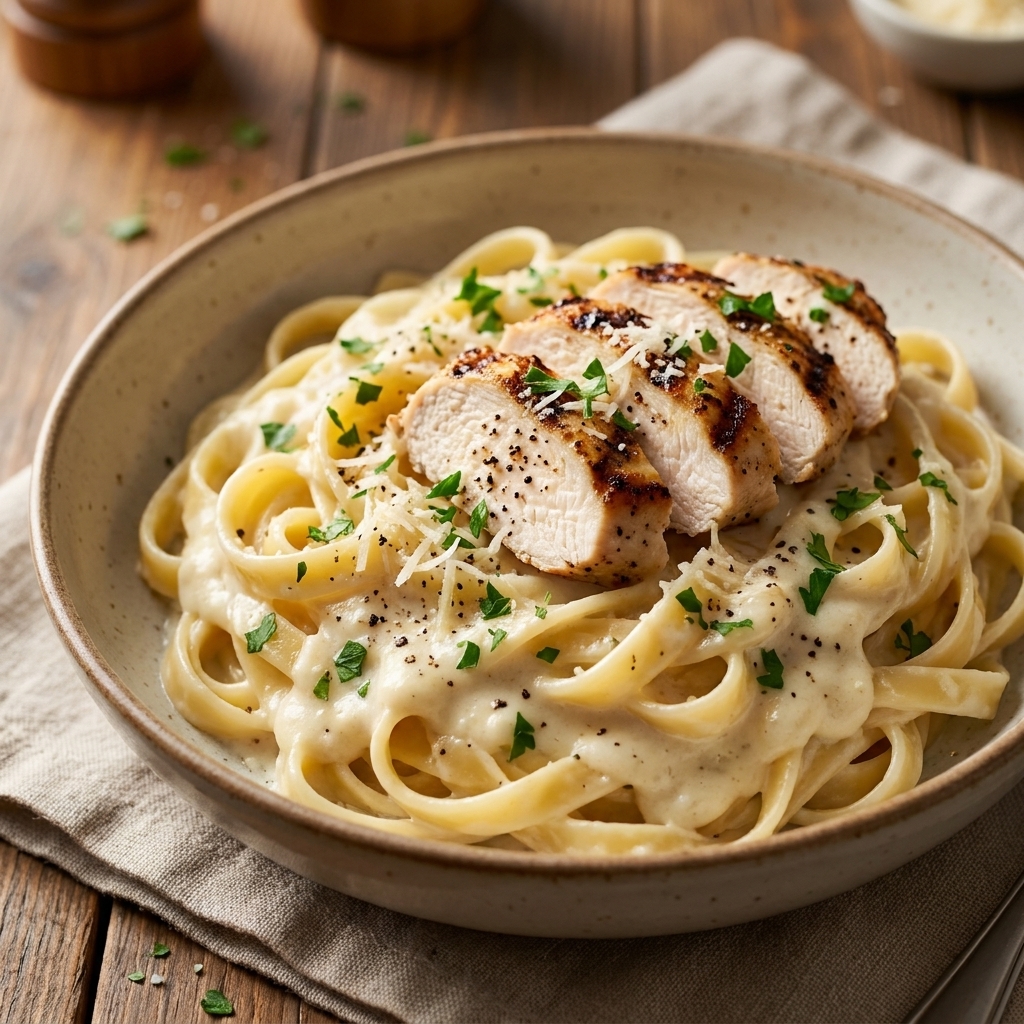 A bowl of fettuccine coated in creamy cauliflower Alfredo sauce with grilled chicken slices and parsley
