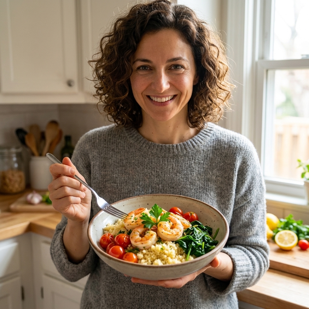 A bowl of lemon-garlic shrimp served over fluffy couscous with cherry tomatoes and wilted spinach