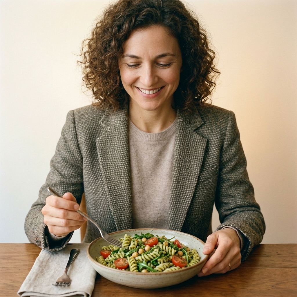 A bowl of pasta tossed with walnut arugula pesto, chickpeas, and cherry tomatoes on a dining table with a fork beside it
