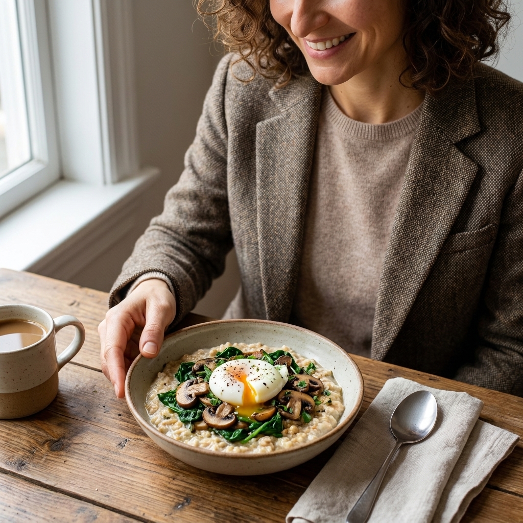 A bowl of savory oatmeal topped with sautéed spinach and mushrooms and a soft-cooked egg, photographed on a rustic table