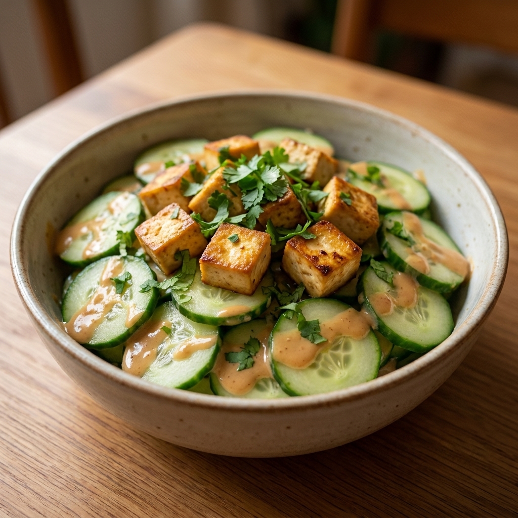 A bowl of sliced cucumbers tossed in a light peanut dressing topped with baked tofu cubes and sprinkled with cilantro