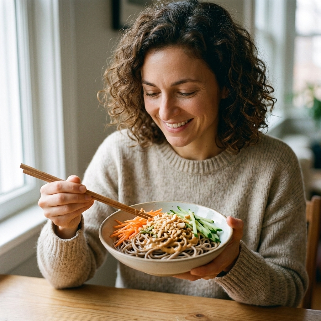A bowl of soba noodles tossed with peanut sauce and topped with shredded carrots and cucumber