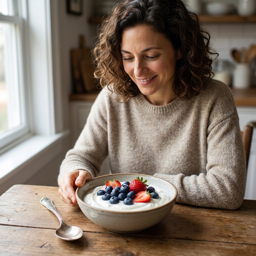 A bowl of thick Greek yogurt topped with blueberries and sliced strawberries on a wooden table with a spoon beside it in natural morning light
