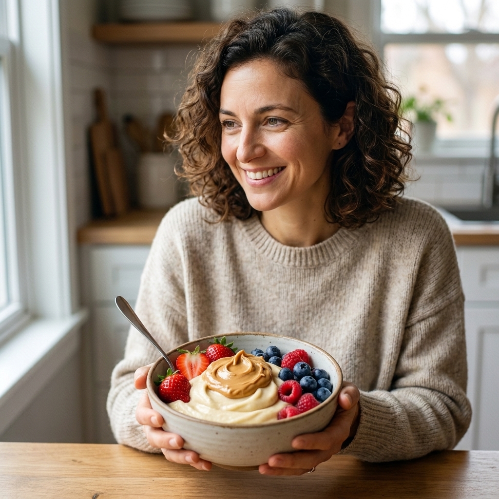 A bowl of thick banana soft serve topped with berries and a spoonful of peanut butter