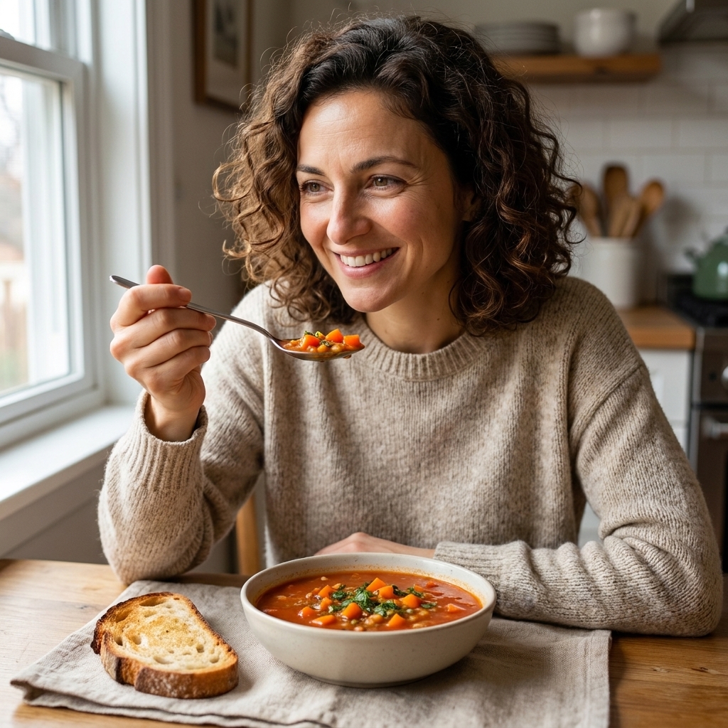 A bowl of tomato lentil soup with visible diced carrots and herbs, next to a slice of toasted bread on a linen napkin