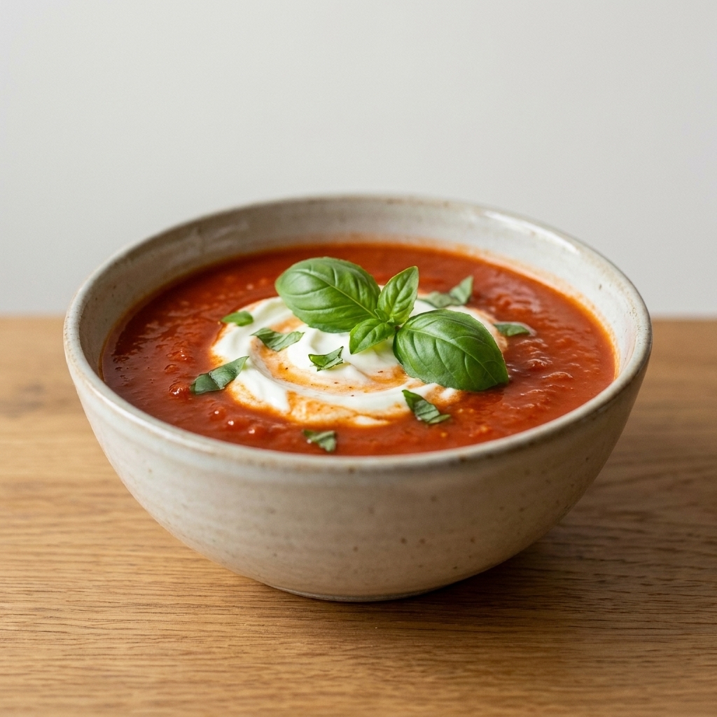 A bowl of tomato soup with a creamy swirl of Greek yogurt and fresh basil leaves