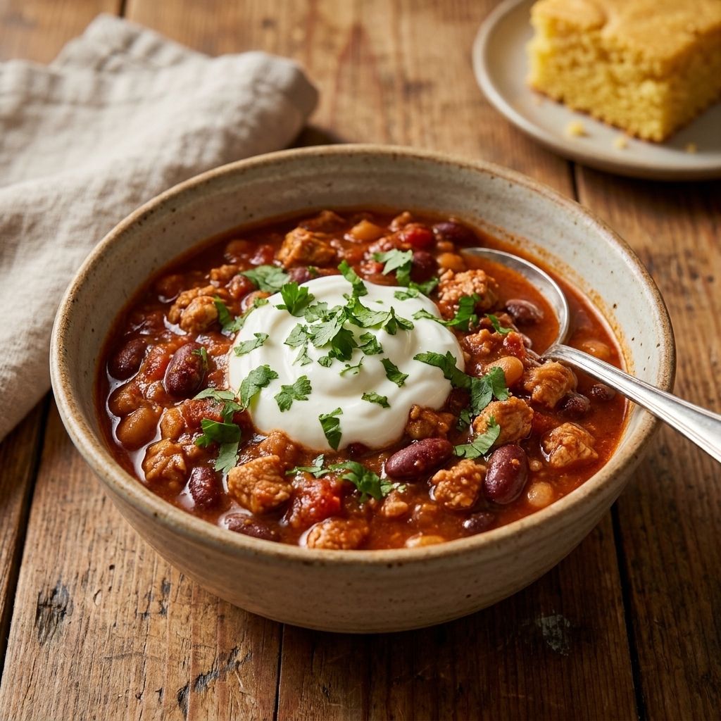 A bowl of turkey and bean chili with a dollop of Greek yogurt and chopped cilantro on top, sitting on a wooden table