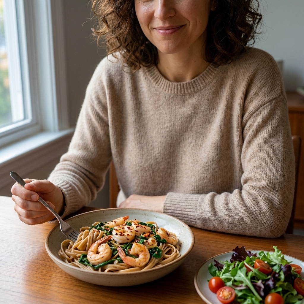 A bowl of whole wheat pasta topped with shrimp and sautéed spinach, with a side plate of mixed salad greens on a dinner table.