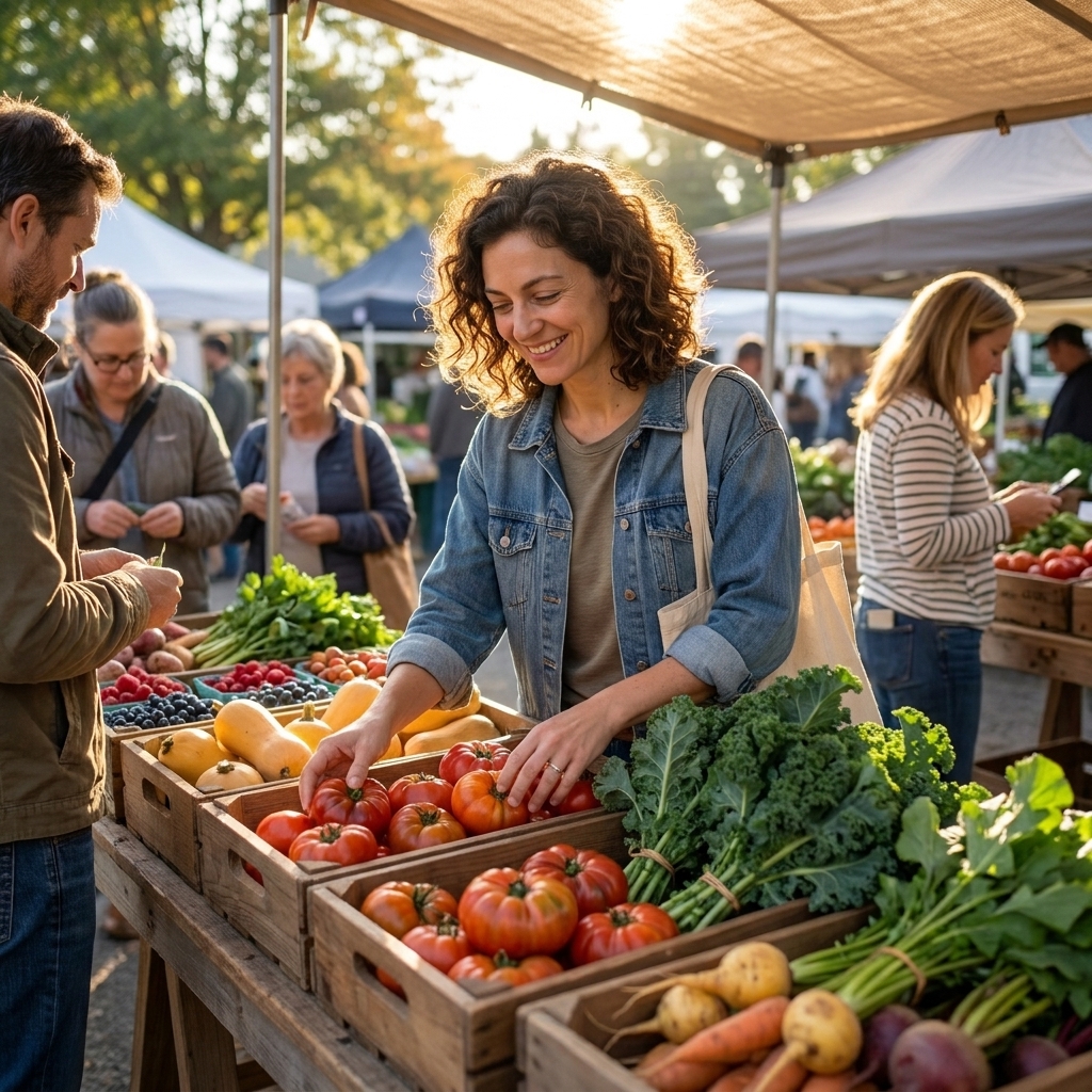A bustling outdoor farmers’ market produce stand with seasonal fruits and vegetables arranged in wooden crates under warm morning light