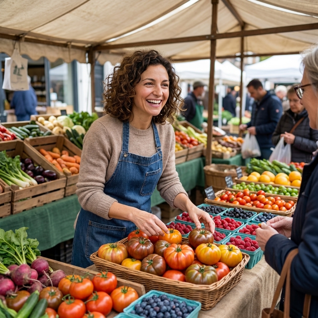 A bustling outdoor farmers market stall with colorful seasonal vegetables and fruit arranged on tables