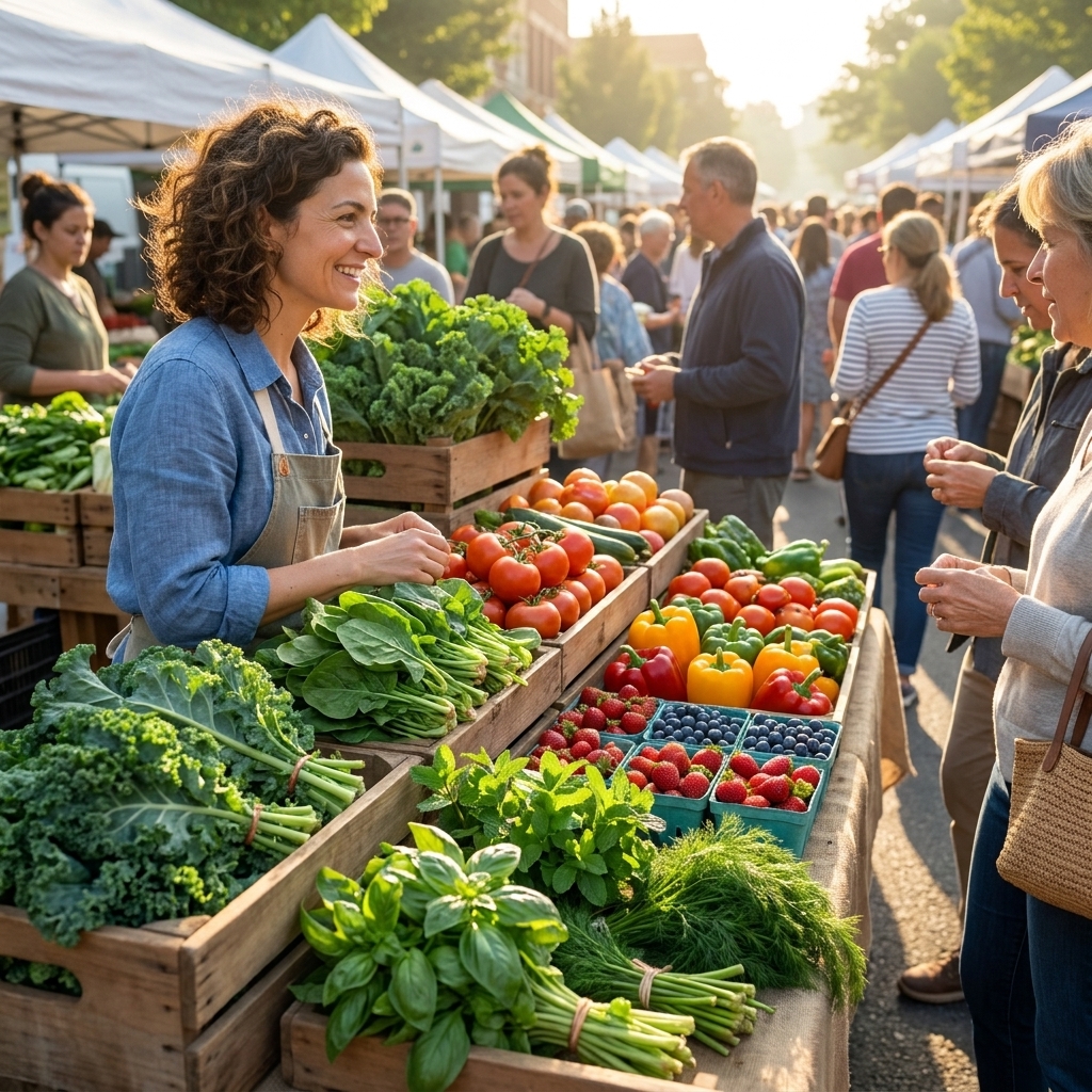 A busy outdoor farmers market stand piled with leafy greens, tomatoes, peppers, berries, and fresh herbs in morning light