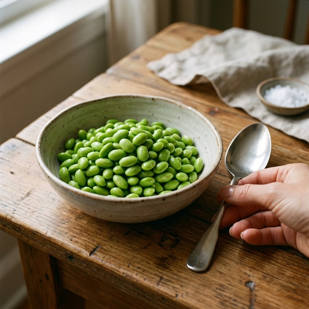 A ceramic bowl of bright green shelled edamame on a wooden kitchen table with a spoon beside it