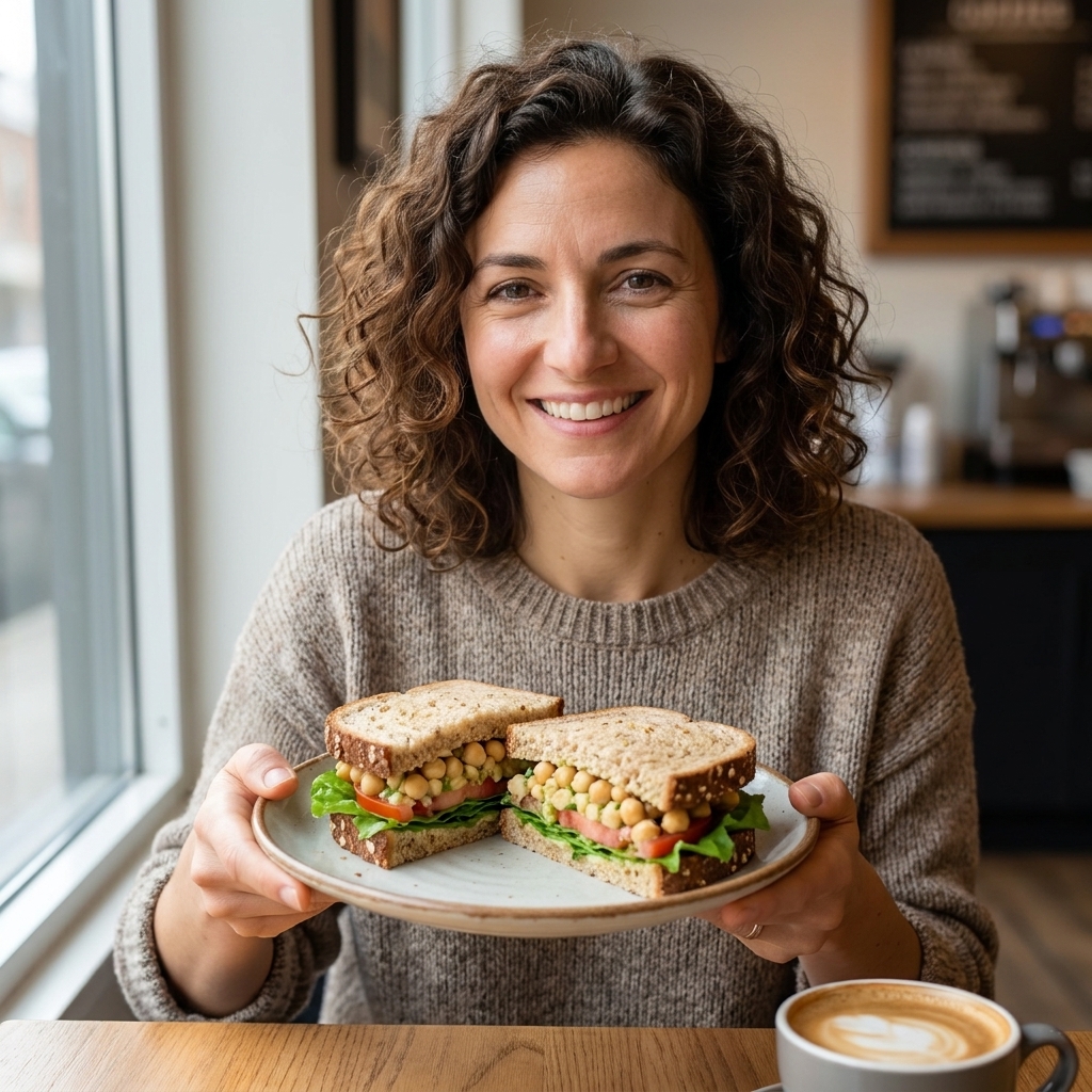 A chickpea salad sandwich on whole grain bread with leafy greens and sliced tomato on a plate in natural light
