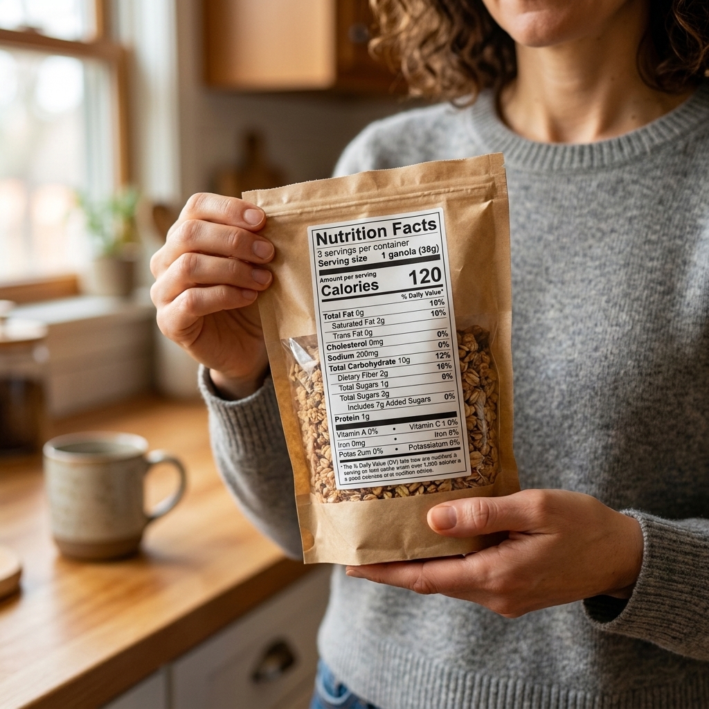 A close-up photograph of hands holding a packaged food item with the Nutrition Facts panel clearly visible while standing in a kitchen
