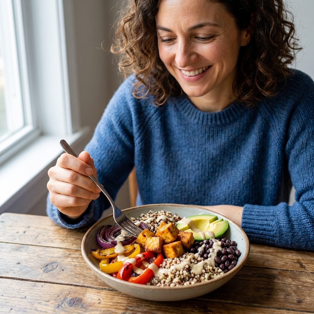 A colorful vegetarian grain bowl with quinoa, roasted peppers and onions, crispy tofu, black beans, avocado slices, and a drizzle of tahini sauce on a wooden table