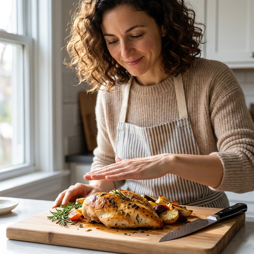 A cooked chicken breast on a cutting board with a hand held above it to show a palm-size portion