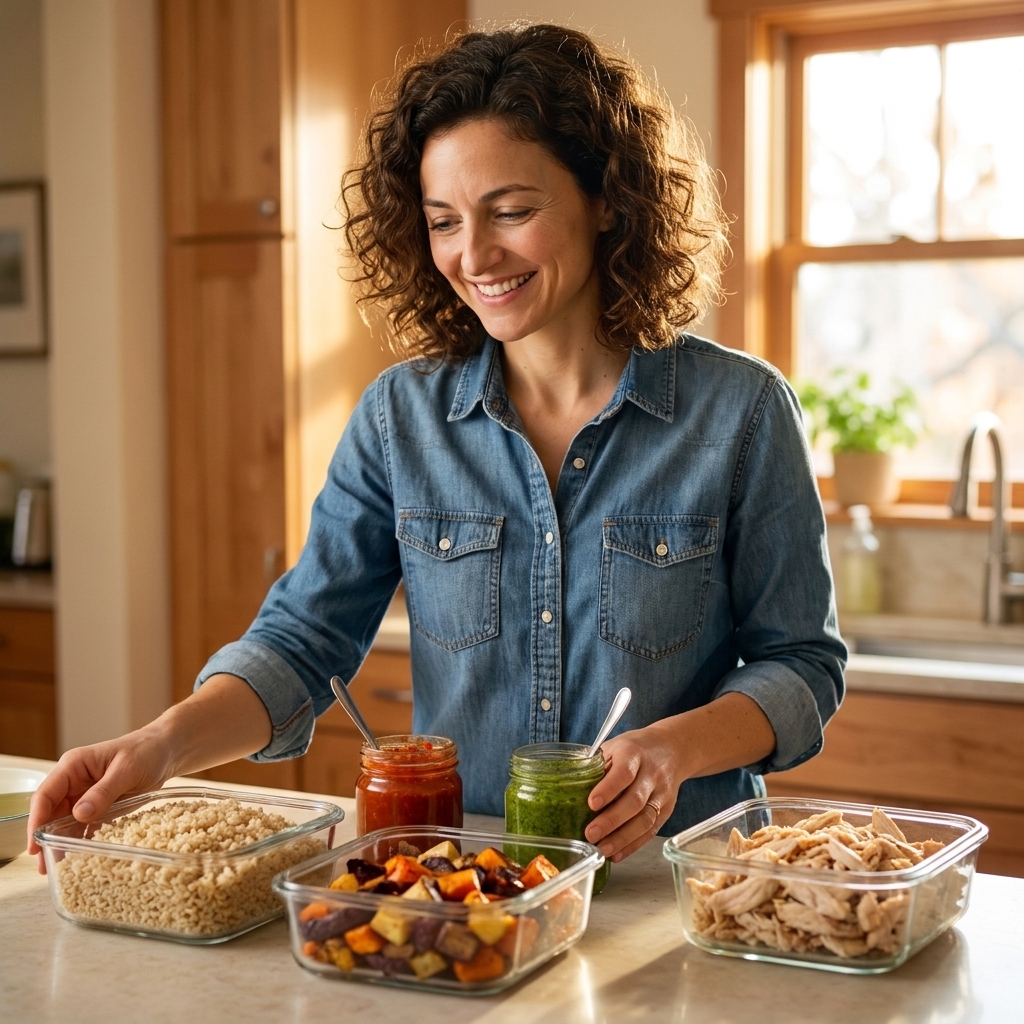 A countertop with separate containers of cooked rice, roasted vegetables, shredded chicken, and two small jars of sauce ready to mix and match
