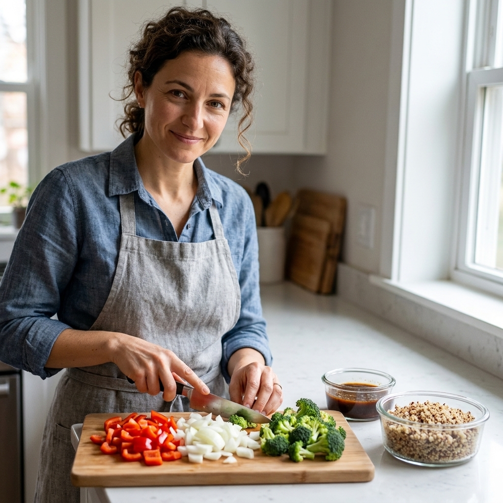 A cutting board with neatly chopped bell peppers, onions, and broccoli beside small containers of sauce and cooked grains on a kitchen counter