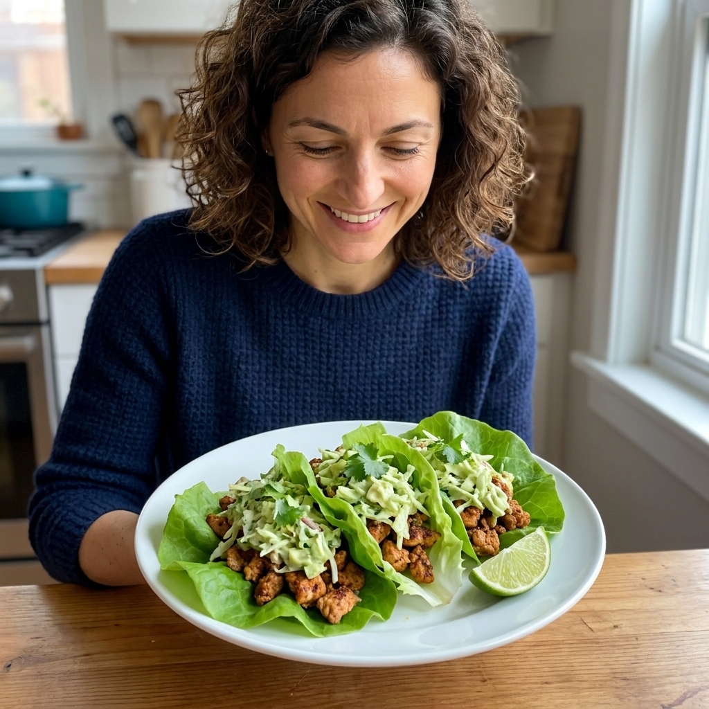 A dinner plate with turkey taco lettuce wraps topped with avocado slaw and a lime wedge on the side