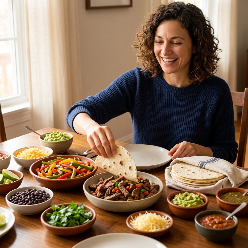 A dinner table set with warm tortillas, bowls of fajita vegetables, black beans, cooked seasoned meat, and colorful toppings for build-your-own tacos