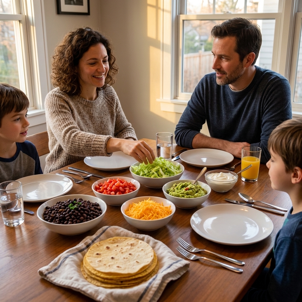 A family dinner table set with taco fillings in bowls, including seasoned beans, shredded lettuce, diced tomatoes, cheese, and tortillas, ready for everyone to build their own plates