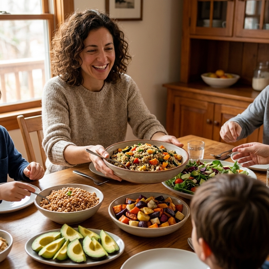 A family dinner table with grain bowls, roasted vegetables, and sliced avocado being served in a warm, real-life home setting