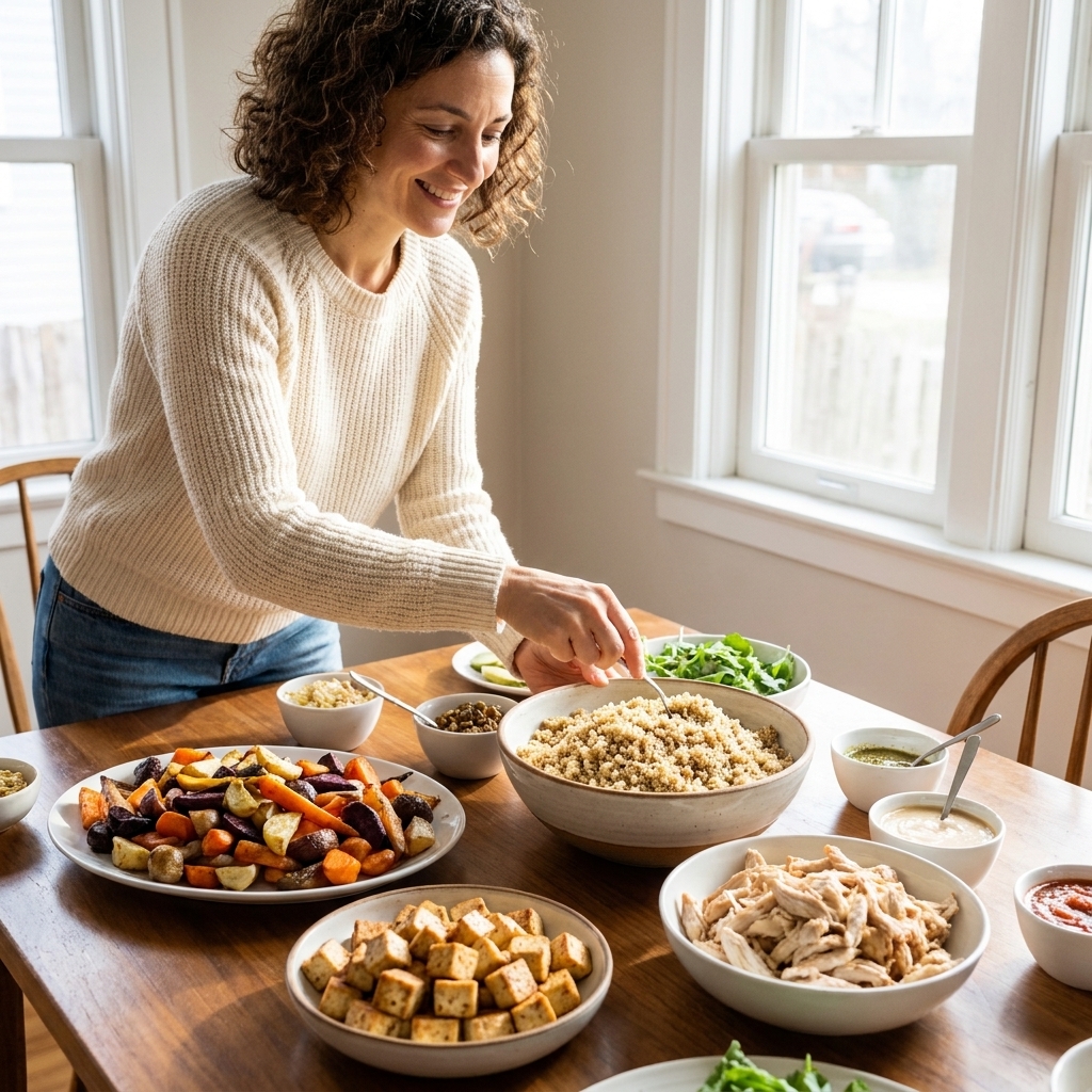 A family-style dinner table with a large bowl of grains, a platter of roasted vegetables, a bowl of baked tofu, and a bowl of cooked chicken set out for build-your-own grain bowls