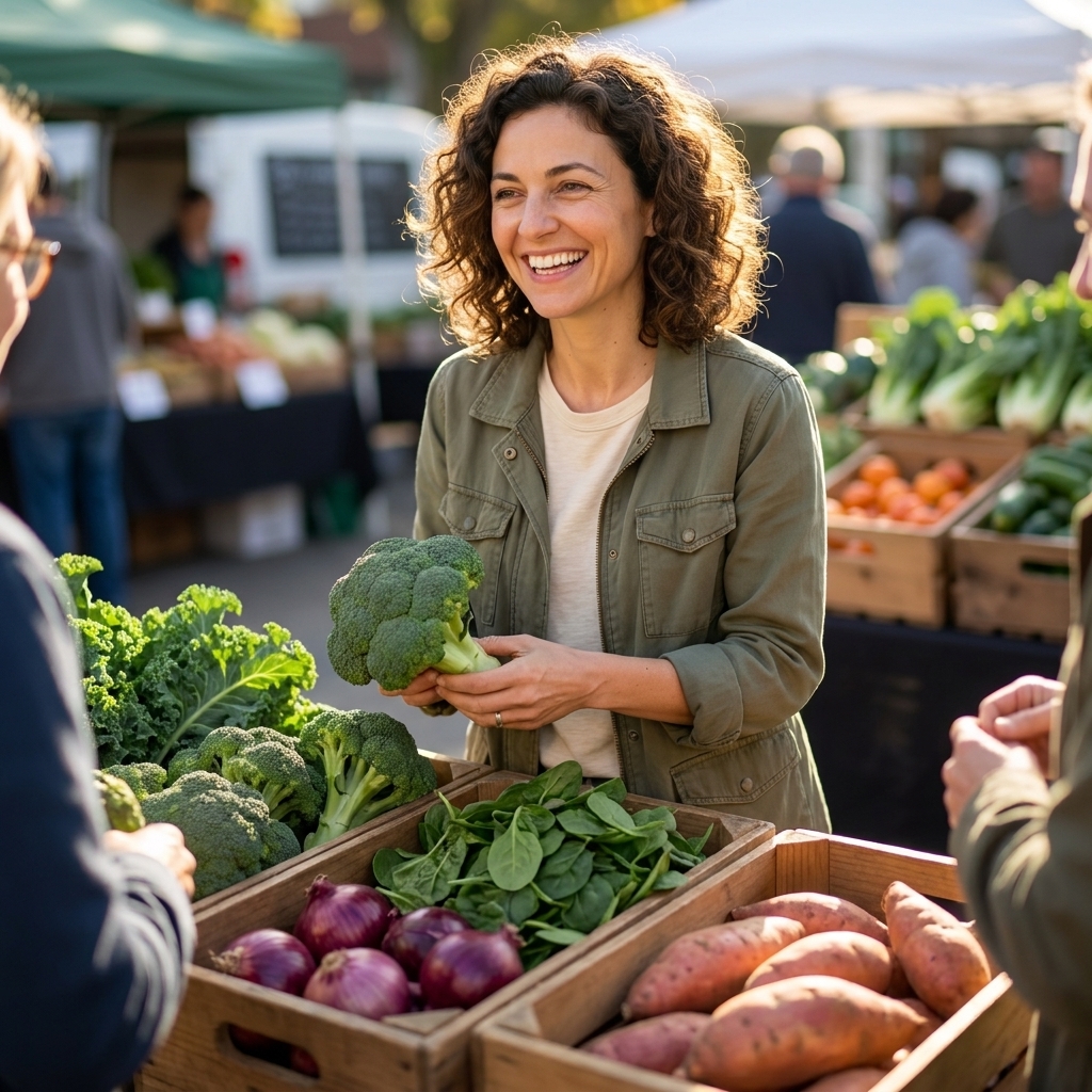 A farmers market produce stand with fresh broccoli, leafy greens, onions, and sweet potatoes arranged in crates on a sunny morning