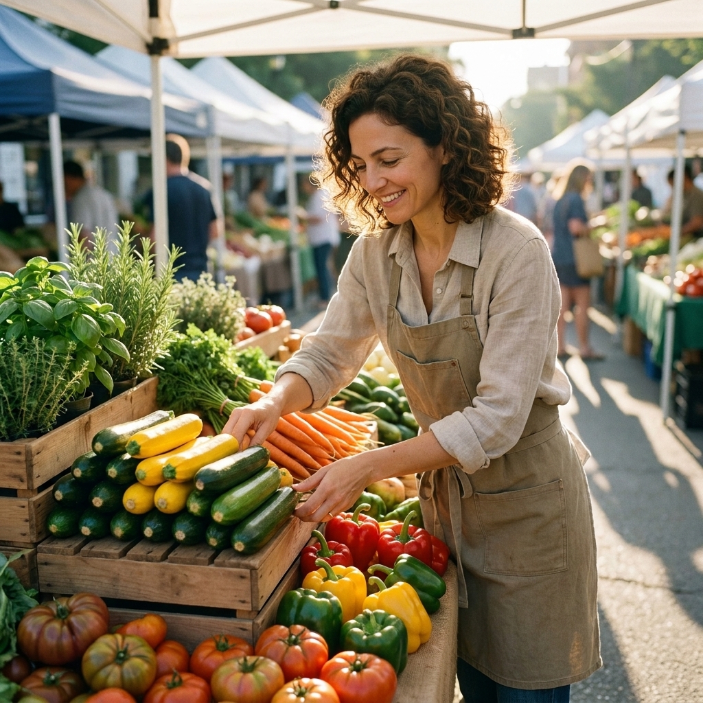 A farmers market stall with neat piles of zucchini, carrots, bell peppers, tomatoes, and fresh herbs under morning light