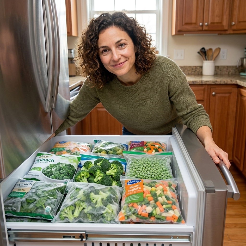 A freezer drawer pulled open showing bags of frozen spinach, broccoli florets, peas, and mixed vegetables in a home kitchen