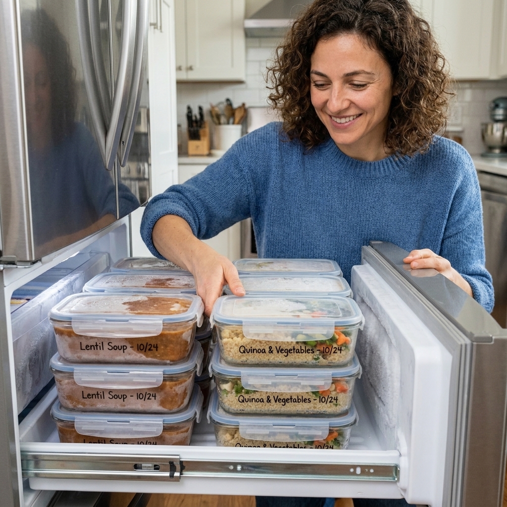 A freezer drawer with a few clearly visible meal prep containers filled with soup and cooked grains, stacked neatly for later use