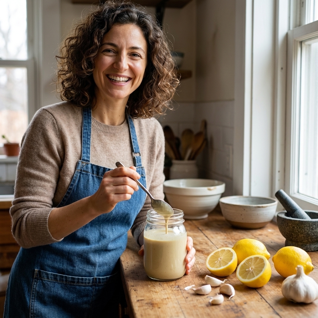 A glass jar of creamy tahini lemon dressing on a wooden counter with a spoon nearby, next to fresh lemons and garlic