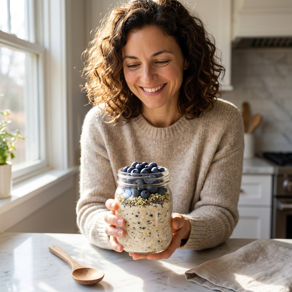 A glass jar of overnight oats with blueberries, chia seeds, and hemp hearts on top sitting on a kitchen counter in morning light