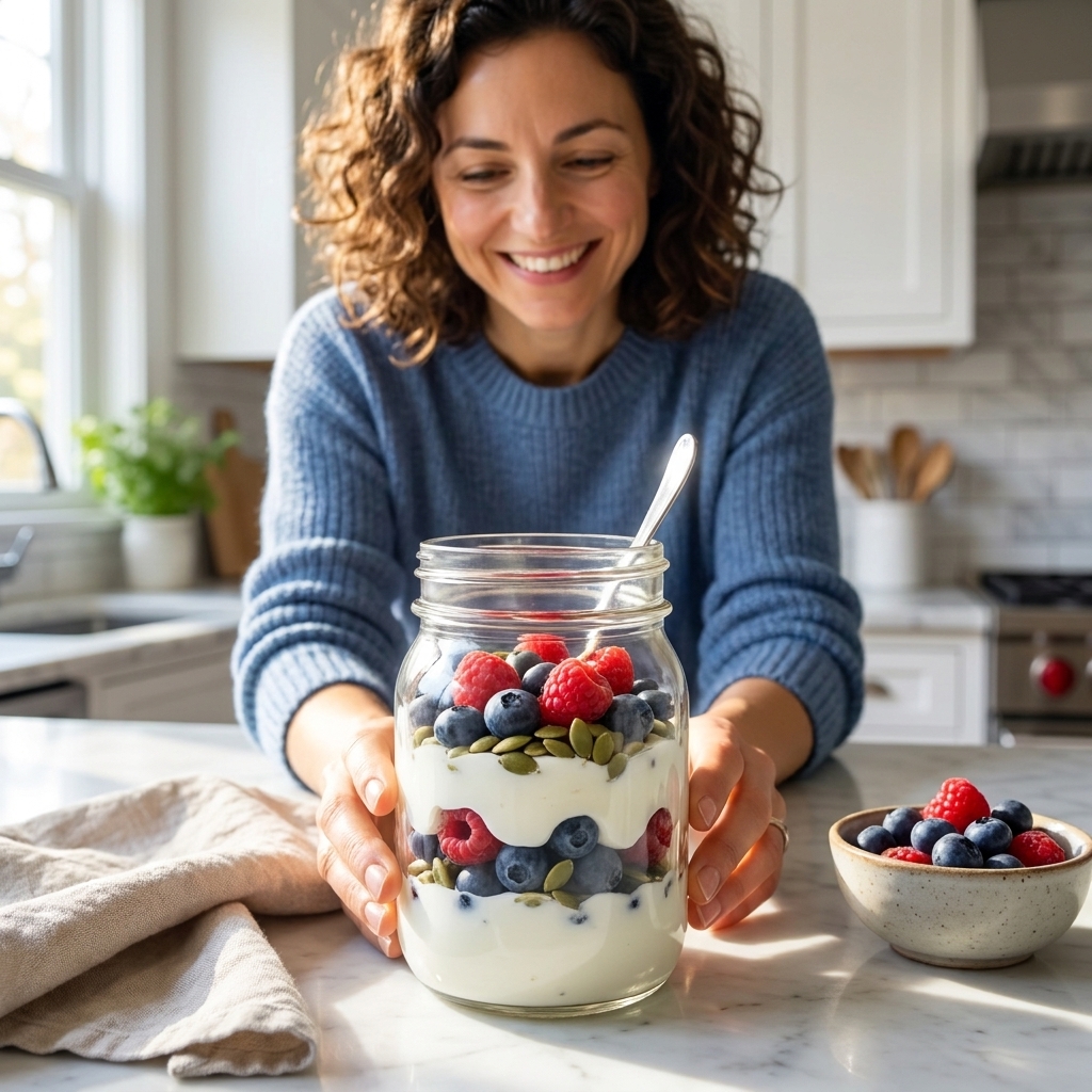 A glass jar parfait layered with Greek yogurt, blueberries, raspberries, and pumpkin seeds on a bright kitchen counter