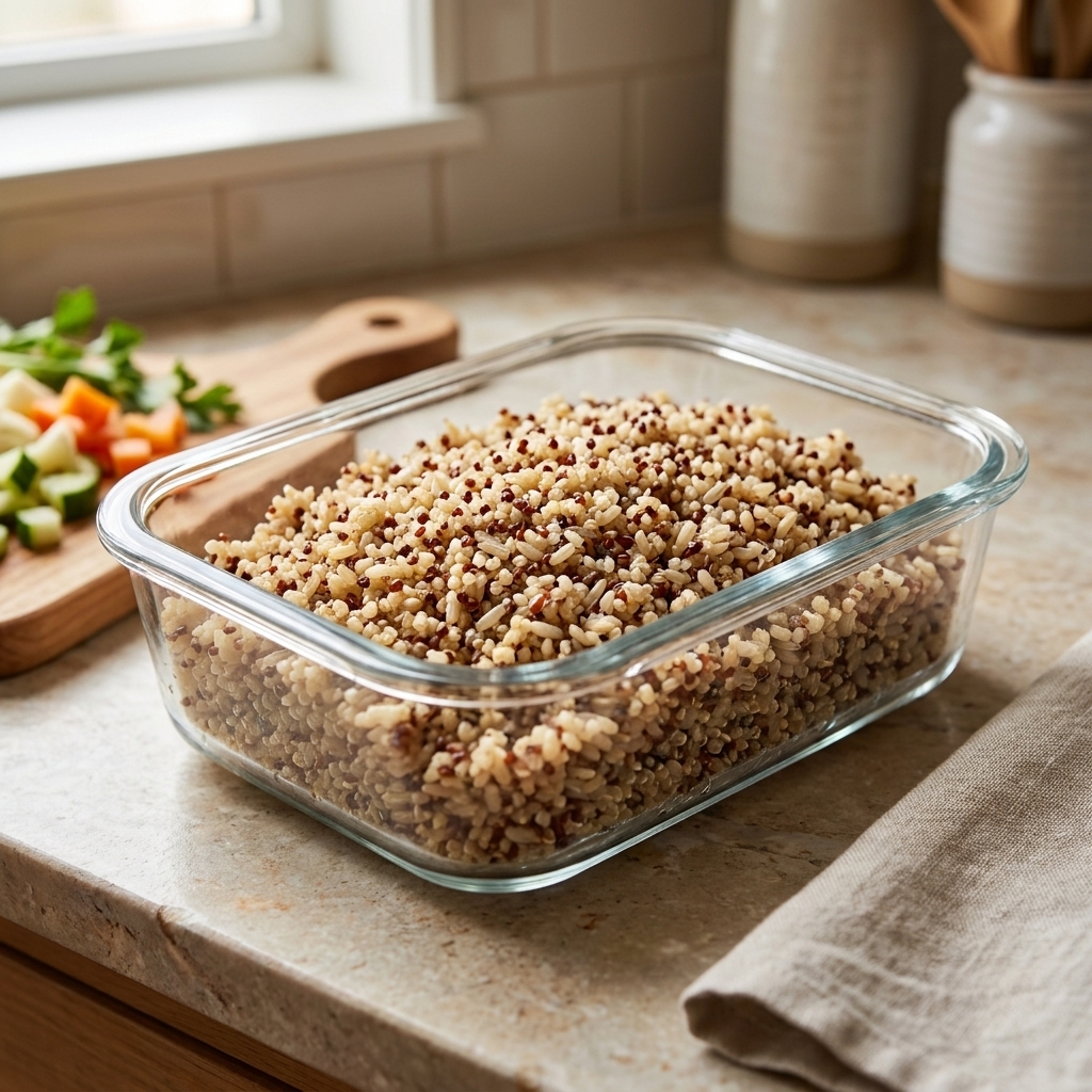 A glass meal prep container filled with cooked quinoa and brown rice blend on a kitchen counter.