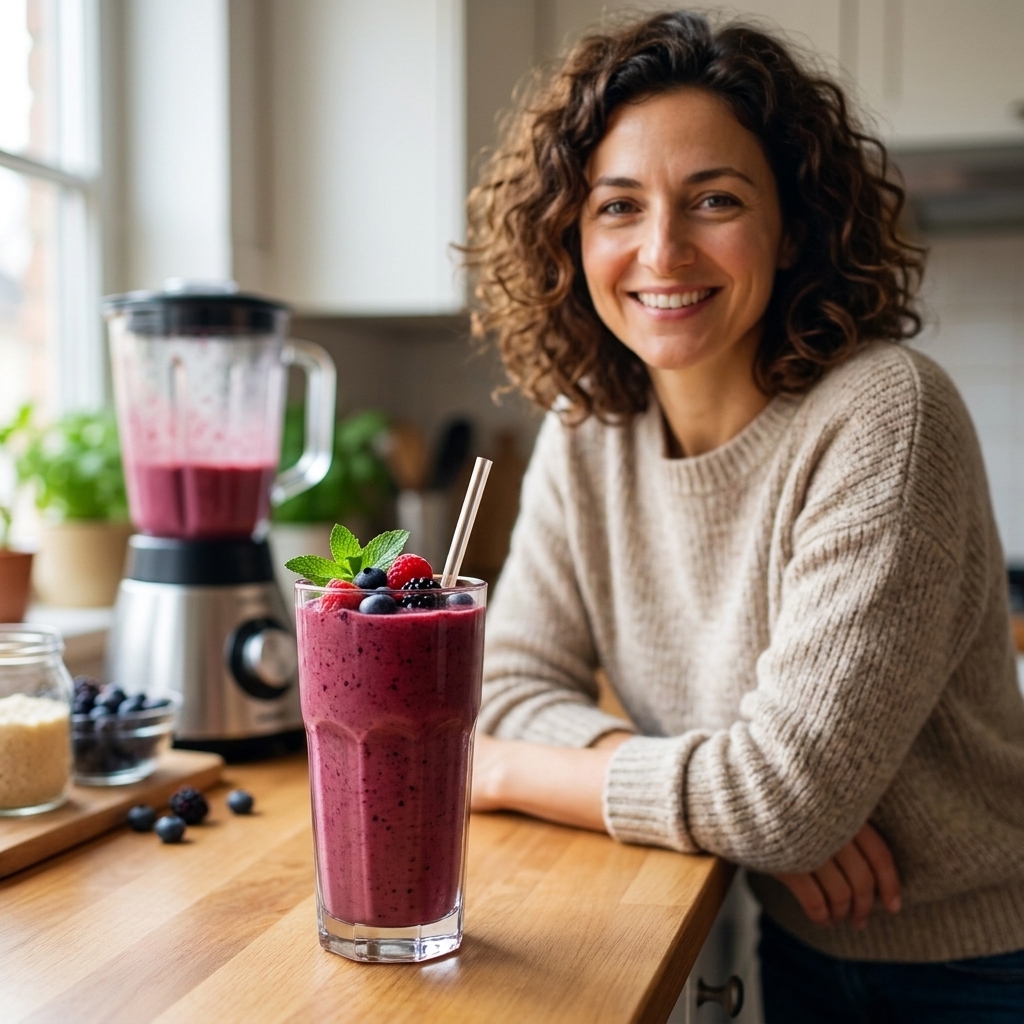 A glass of berry protein smoothie on a countertop with a blender in the background