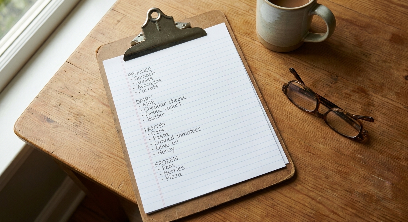 A grocery list on a clipboard organized into sections like produce, dairy, pantry, and frozen, photographed on a kitchen table