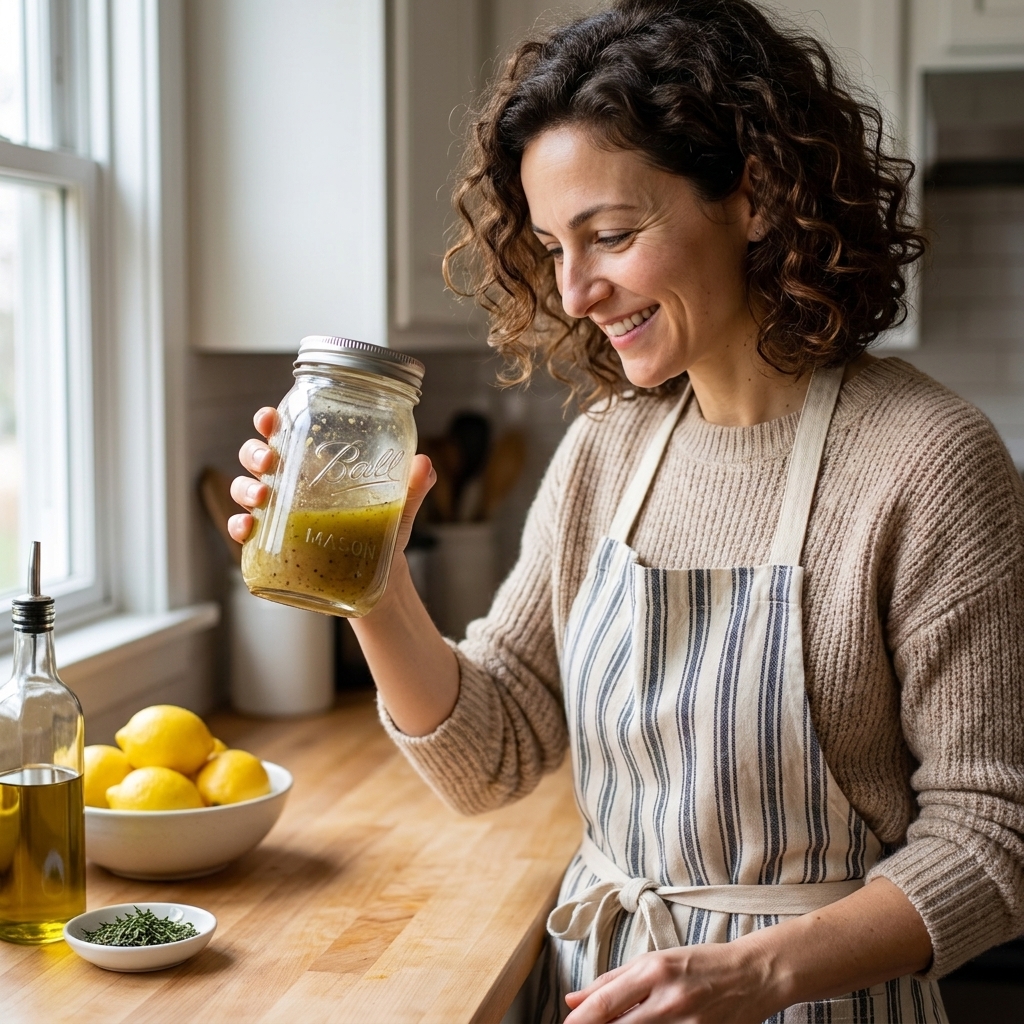 A hand shaking a mason jar filled with homemade vinaigrette on a kitchen counter next to lemons and olive oil