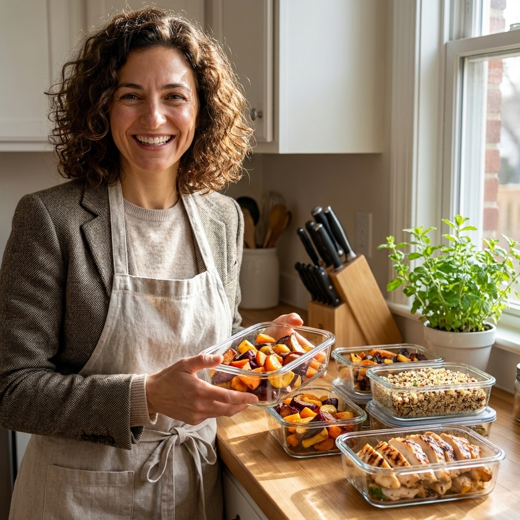 A home kitchen counter with glass meal prep containers filled with roasted vegetables, cooked grains, and grilled chicken, ready for the week