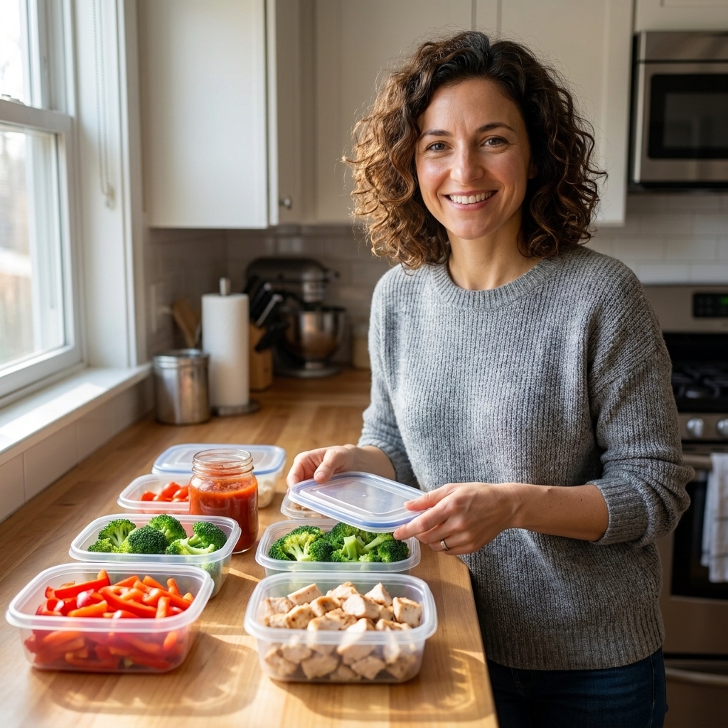 A home kitchen counter with meal prep containers filled with chopped vegetables, prepped chicken, and a small jar of sauce ready for the week